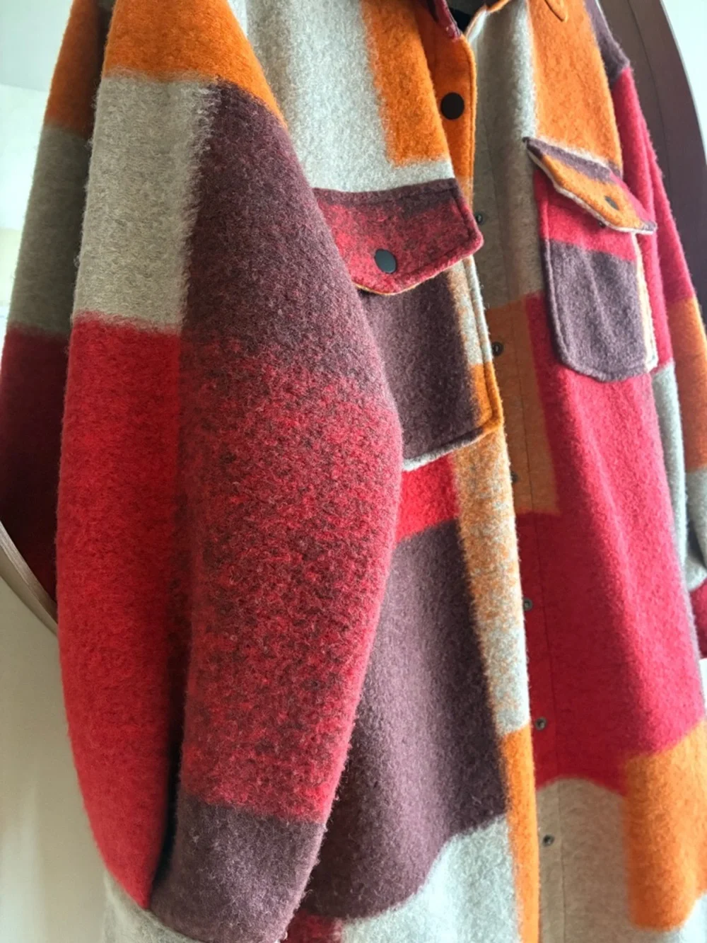 Desigual Red Orange Brown Cream Colorblock Belted Wool Coat - Picture 2 of 8